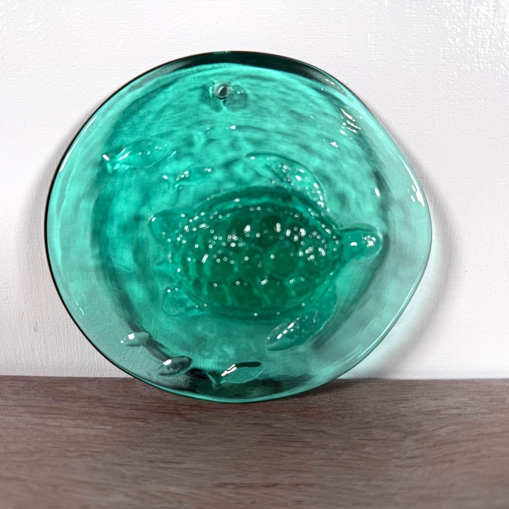 Blenko 2020 Aqua Teal Glass Sea Turtle Suncatcher Hanging Ornament 4" Embossed
